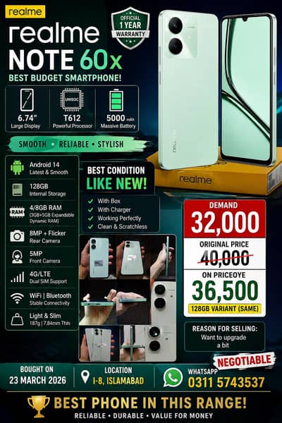 Realme Note 60x |  128GB Like New | 1 Year Official Warranty |Full Box