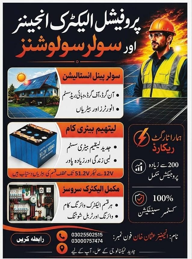 پروفیشنل سولر سلوشنز، لیتھیم بیٹری اور مکمل الیکٹرک سروسز 0
