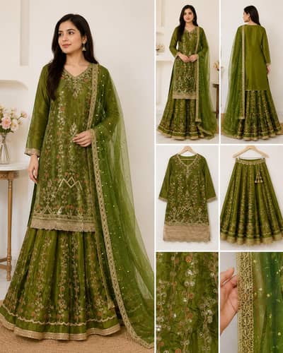 Olive Green Embroidered Silk Kurti & Sharara Set with Dupatta