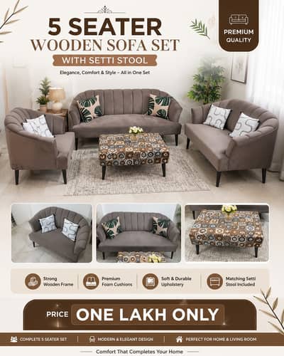 5 Seater Wooden Sofa Set with Setti Stool | Stylish Sofa For Sale