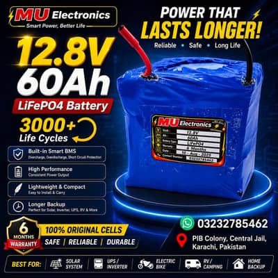 12.8V 60Ah LiFePO4 Battery | 3000+ Cycles | 6 Months Warranty