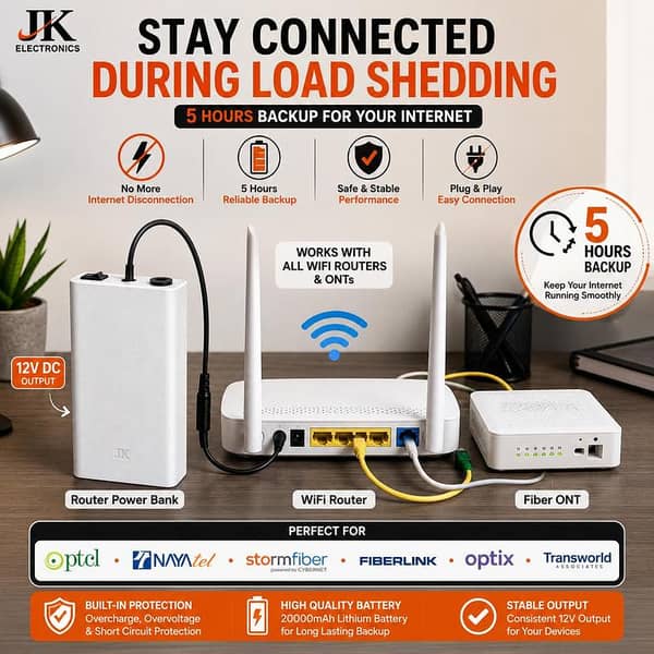 Router Power Bank 12V 10000mAh - WiFi Router UPS Backup for Load Shedding, PTCL Nayatel StormFiber Fiberlink Compatible, 5 Hours Backup Battery