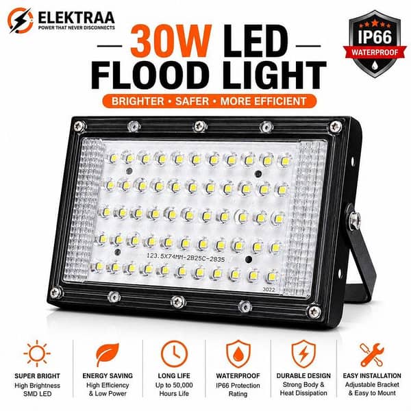 30W LED Flood Light – IP66 Waterproof Outdoor Security Light, 50000 Hours, Aluminum Body for Home, Garage & Warehouse
