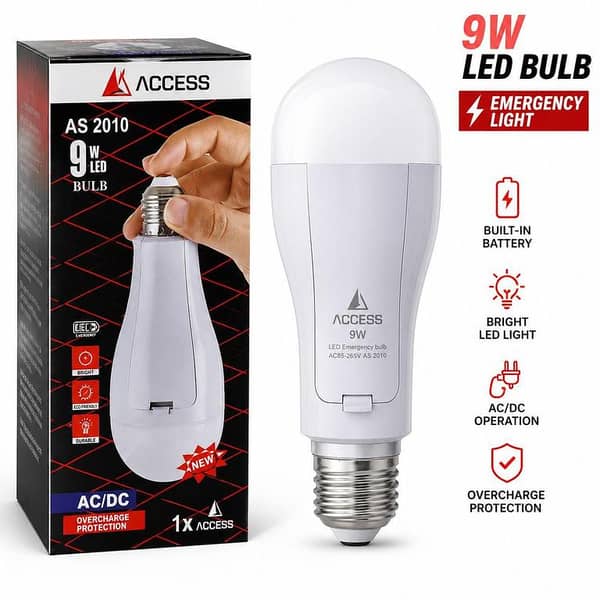 ACCESS 9W LED Emergency Bulb with Built-in Battery, AC/DC Rechargeable, E27 Base, 4–6 Hour Backup, Overcharge Protection, Wide 85–265V, Home/Shop/Office & Outdoor