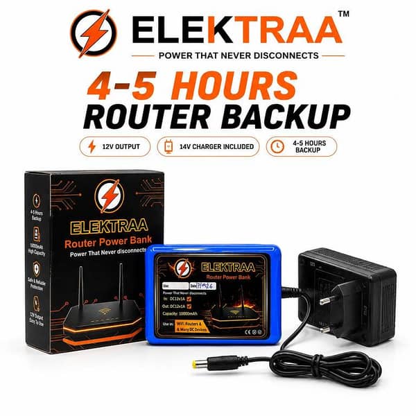 ELEKTRAA Router Power Bank 10000mAh – DC UPS Backup for WiFi Router, 12V/1A Output, 4-5 Hours Power Backup, Mini UPS for Router & DC Devices with 14V Charger