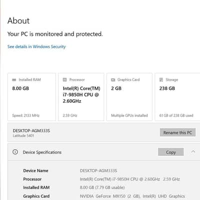 Dell i7 Gen 9th H processor 2gb graphic  8gb 256gb.
