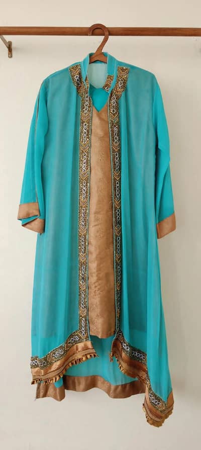 Teal & Gold Embroidered Open Gown Formal Dress 3 piece - Medium Size