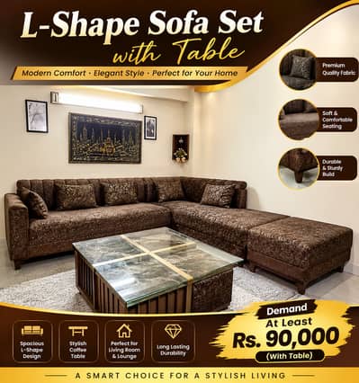 Premium L-Shape Sofa Set with Glass Top Center Table–Perfect Condition