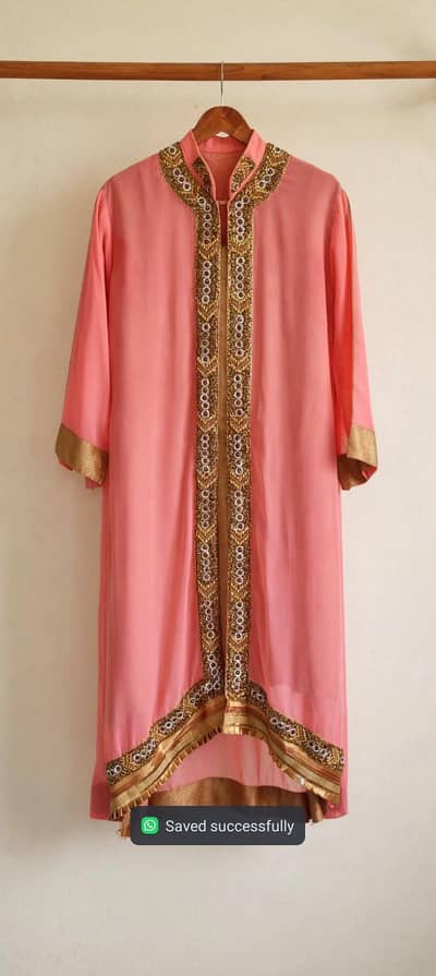 Peach Pink Open gown Formal dress 3 piece with heavy beaded work