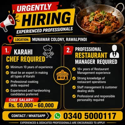Karahi Chef & Restaurant Manager Required – Munawar Colony Rawalpindi