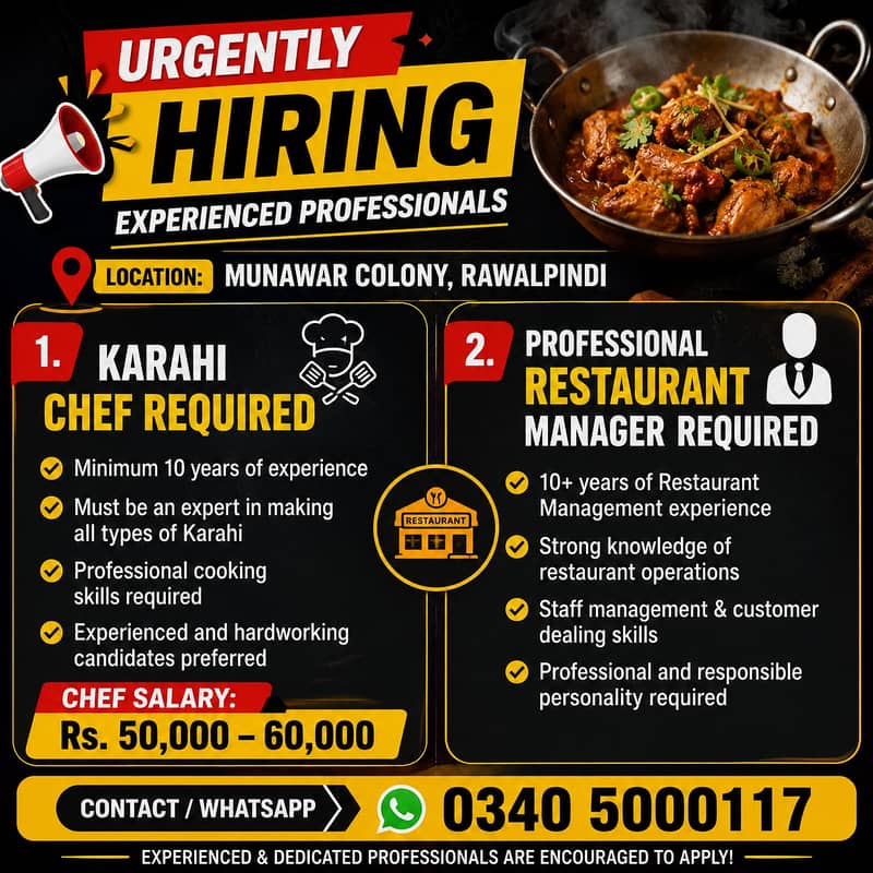 Karahi Chef & Restaurant Manager Required – Munawar Colony Rawalpindi 0