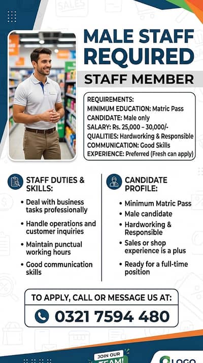 Male Staff Required | Matric Pass Full Time Job