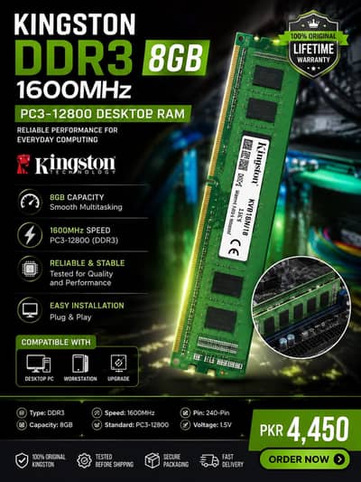 DDR3 8GB RAM| 1600mhz| pc3 12800 | brand new Kingston | Desktop
