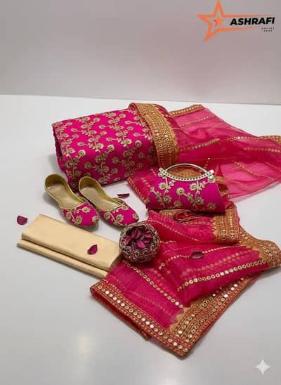 Marbel Gotta Embroidery Pink Suit Set With Khussa & Clutch