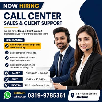 Call Center Jobs in Jhelum, Sales Agents Required ,50K to 140K Salary