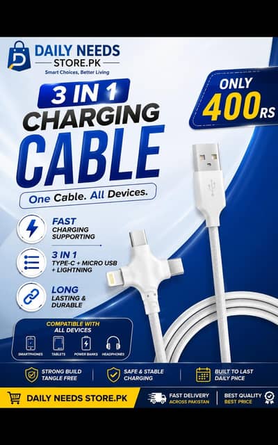 3 in 1 charging cable only in 400rs contact on WhatsApp 03087377189