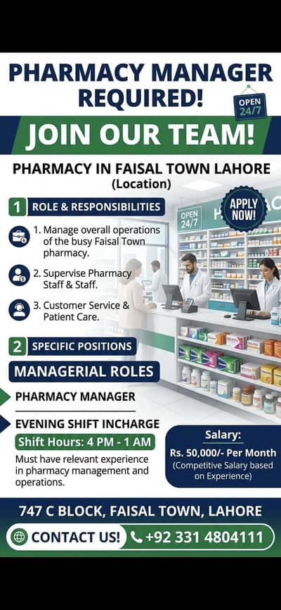 Manager pharmacy /evening shift incharge in lahore