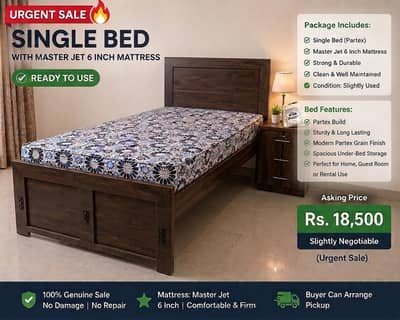 Single Bed with Master Jet 6-Inch Mattress (Slightly used)