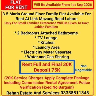 Ground Floor Family Flat For Rent At Link Mozang Road Lahore