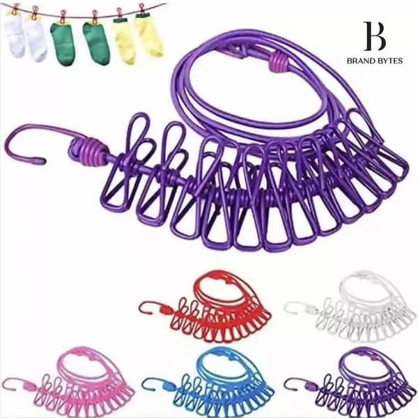 Brand Bytes Portable Clothesline with 12 Clips and 2 Hooks – Windproof Indoor/Outdoor Travel Drying Rope