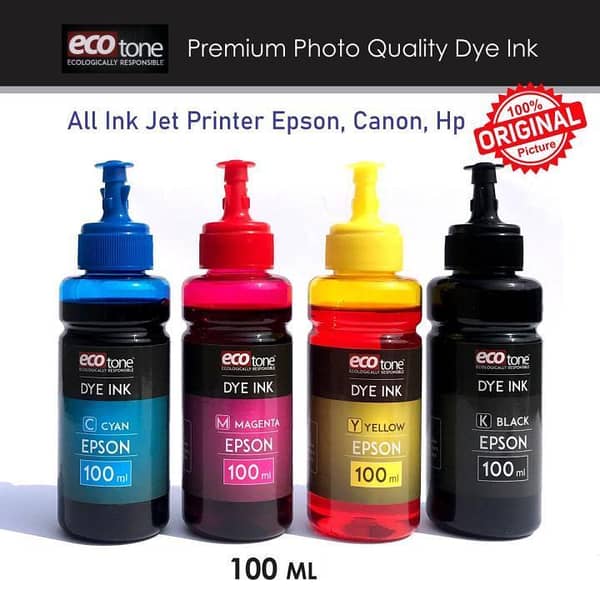 Ecotone four-color refill ink for HP, Canon & Epson printers – 100 ml each