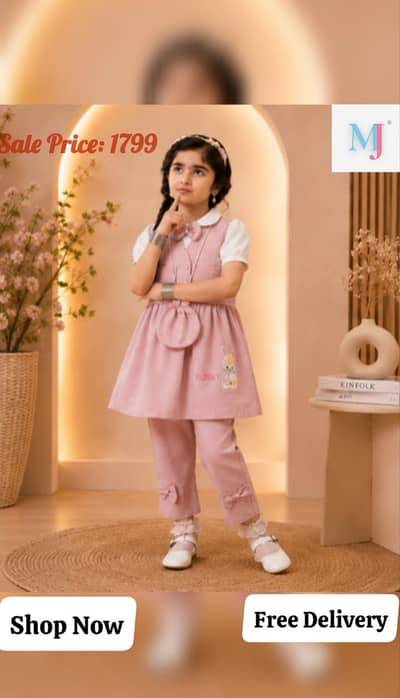 Baby Girl Bunny Embroidered Frock & Trouser Set | Mashoom Janan