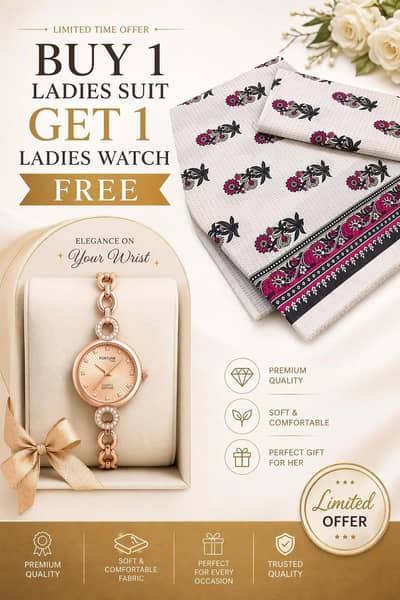 Ladies Printed Unstitched Suit with Free Ladies Watch