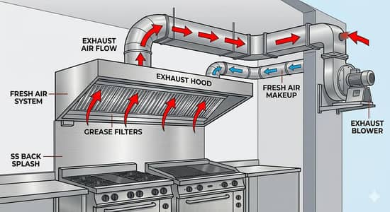 Exhaust hood, ducting works, chimney, blower, fryer, hot plate, oven