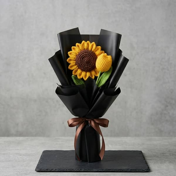 Premium Handmade Crochet Sunflower and Tulip Bouquet with Black Wrapping