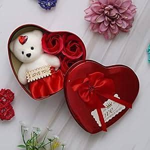Heart Shaped Valentine Box with I Love You Note, White Teddy Bear and 3 Red Roses – Gift for Husband, Wife, Girlfriend, Boyfriend