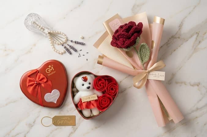 Heart Shaped Valentine Gift Box with White Teddy Bear, 3 Red Roses, and Handmade Crochet Rose Bouquet
