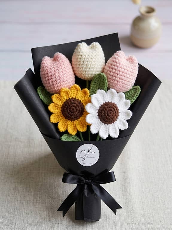 Handmade Crochet Bouquet: Tulips, Sunflowers and Daisies with Black Wrap