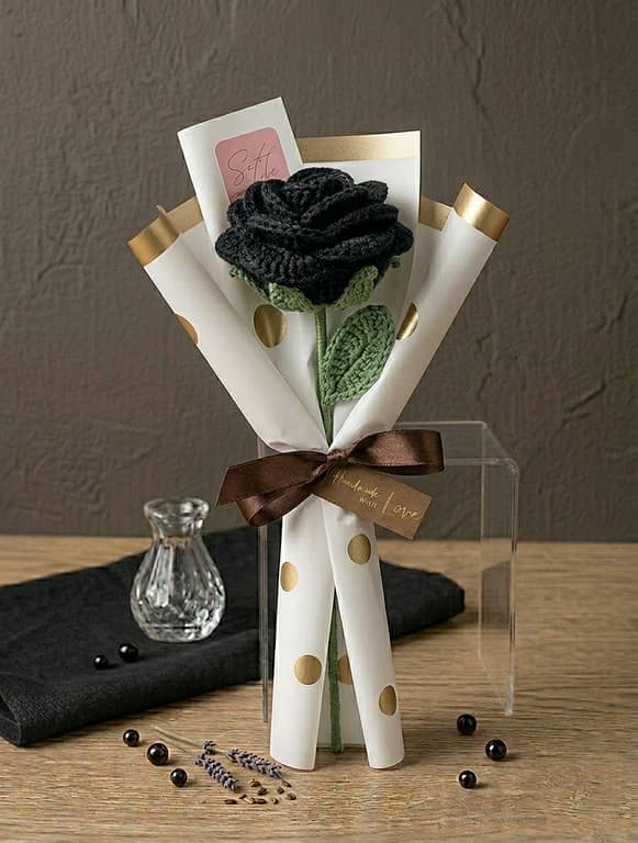 Handmade Crochet Rose with Beautiful Bouquet and Khaki Wrapping by [Brand/Model Name]