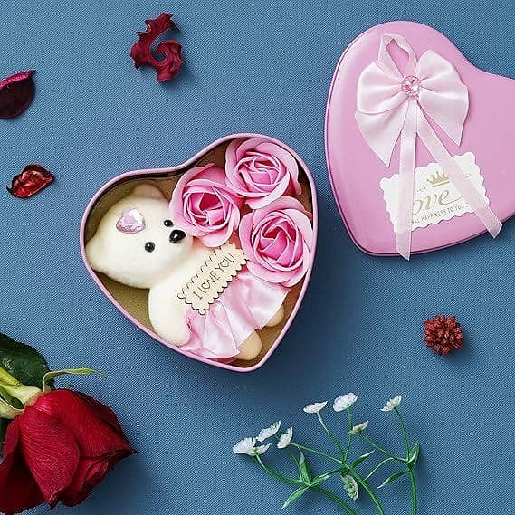 Heart Shaped Valentine Gift Box with I Love You Message, White Teddy Bear and 3 Pink Roses
