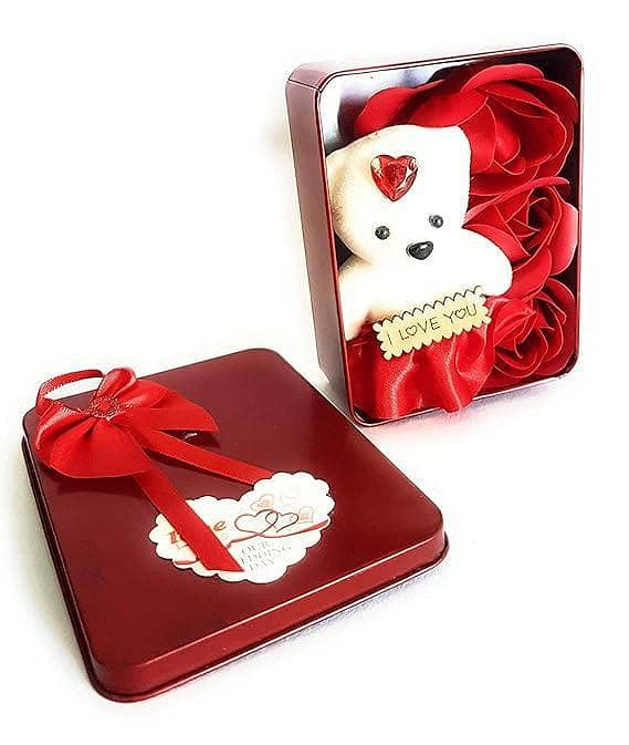 Rectangular Gift Box Tin with 1 Teddy and 3 Rose Petals, Red