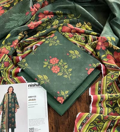 Unstitched 3 Piece Printed Lawn Suit – Green Floral Design