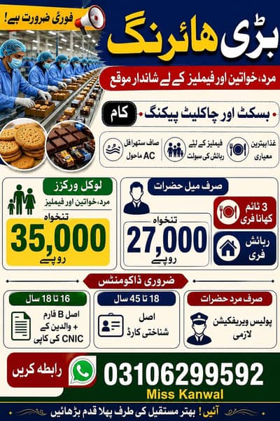 urgent biscuit factory jobs Male and female salary 35000 f