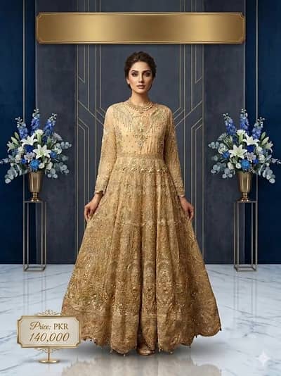 Royal Golden Embroidered Gown | Luxury Designer Collection | PKR 140,0