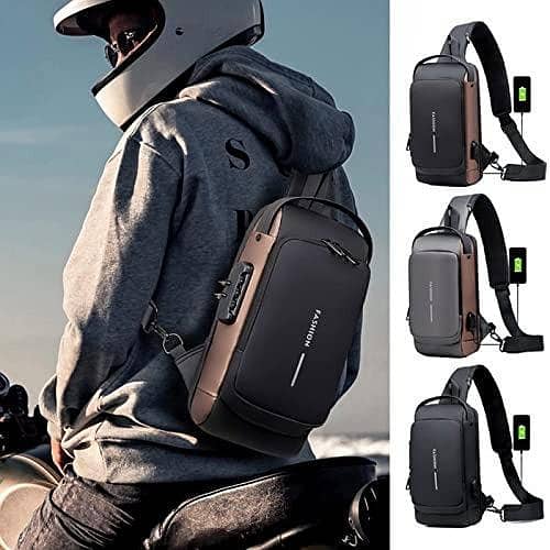 Fashion Men Sling Bag Pack with Lock Waterproof Anti-Theft Chest Bag with USB Charging Port. .