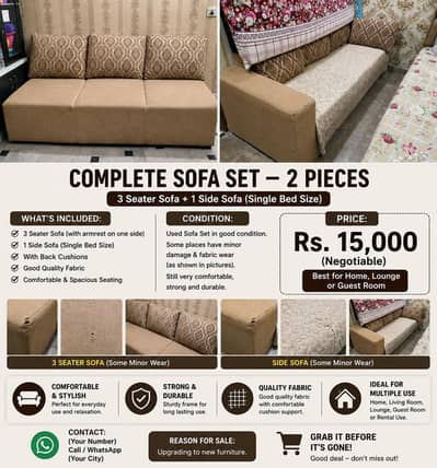 Used Sofa Set – 3 Seater + Side Sofa | Good Condition