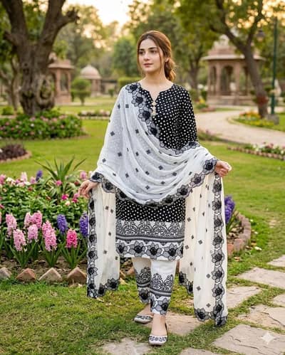 Black Digital Prient Lawn Shirt with Embroidery Cotton Trouser