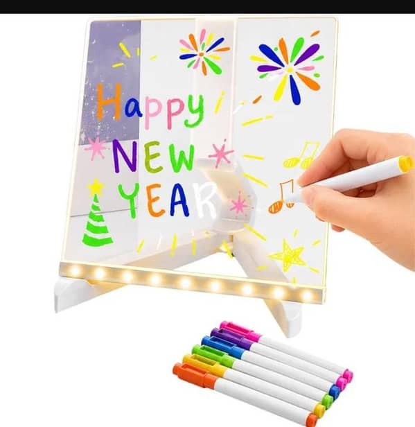 LED Acrylic Writing Board with USB Light | 7 Colorful Erasable Pens | Message Board with Markers & Stand