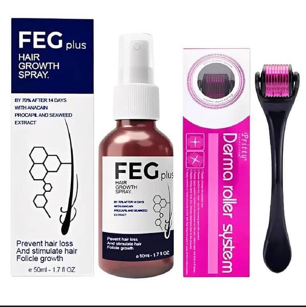 FEG Plus Hair Growth Spray 50ml + 0.5mm Titanium Derma Roller Combo | Hair Growth Kit for Men & Women