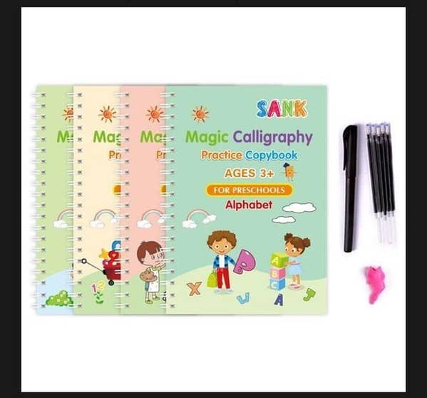 Magic Learning Books Set for Kids – 4 Reusable Tracing Activity Books with Magic Pen & Refills (Preschool/Early Education)