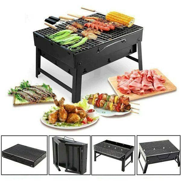 Portable Folding Charcoal BBQ Grill – Stainless Steel Mesh, 4-Leg Support, Black