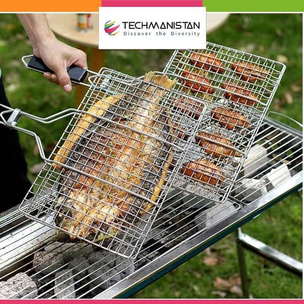 Techmanistan Stainless Steel Foldable Fish Grill Basket with Handle for BBQ