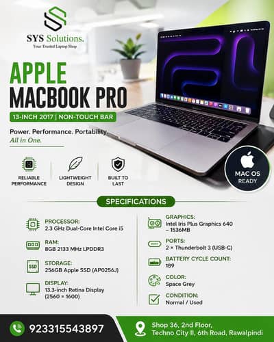 Apple MacBook Pro13-inch 2017 Non-TouchBar 8GBRam| 256 SSD|13.3"Ratina
