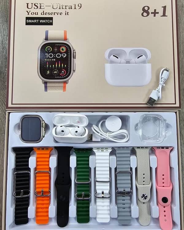 Ultra 19 Smartwatch with Extended Battery and 8+1 Features, Includes Free AirPods