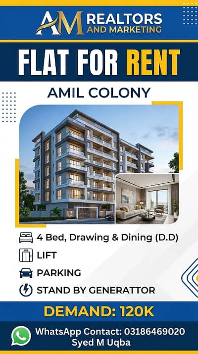 Flat for rent Amil colony 4 Bad d. d 3 Floor Lift Parking