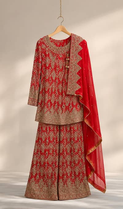 Red & Gold Heavy Embroidered Bridal/Formal Dress – 3 Piece